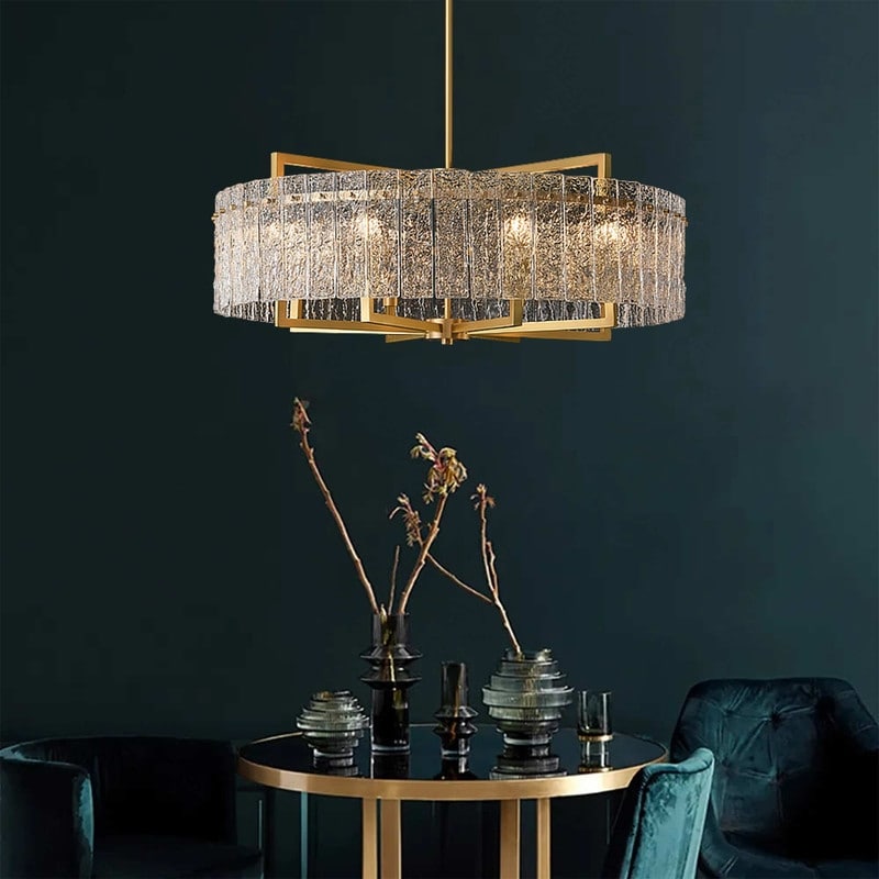 26 in. Gold Modern Drum Crystal Chandelier 6-Light Glam Dimmable Pendant Light Kitchen Island with Frosted Glass for Dining Room