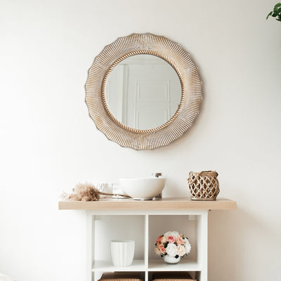 30-in Bohemian Beige Round Wooden Decorative Bathroom Vanity Wall Mirror