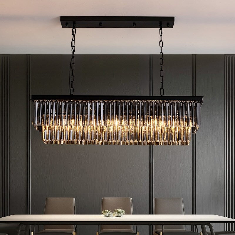 47 in. Smoked Gray and Black Modern Contemporary Crystal Chandelier 2-Tier Linear Kitchen Island Pendant Light for Dining Room