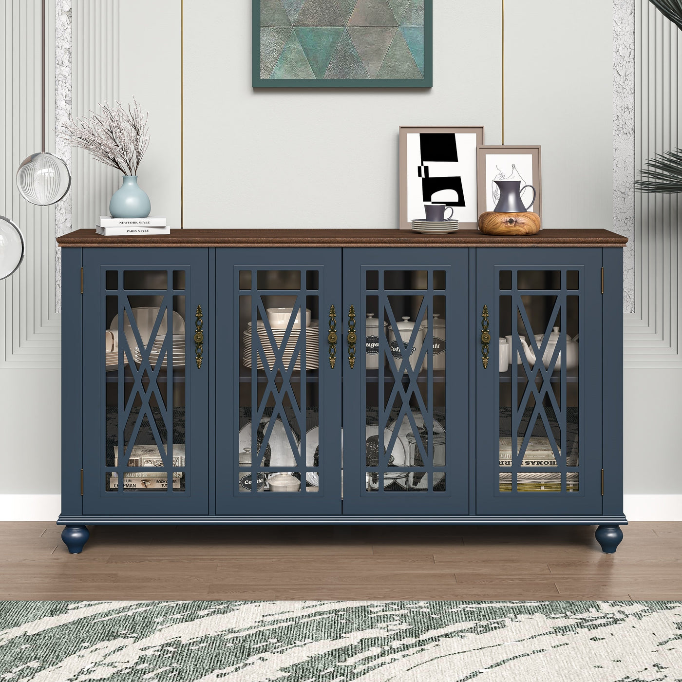 63 Vintage Style Wood Kitchen Accent Buffet Sideboard Cabinet - 63 in Width