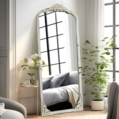 Arched Full-Length Solid Wood Carving Floor Mirror