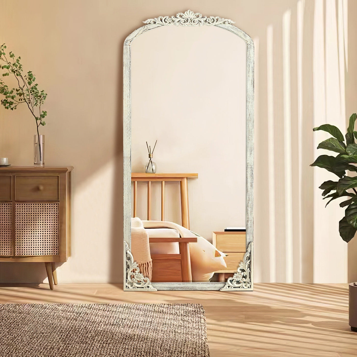 Arched Full-Length Solid Wood Carving Floor Mirror