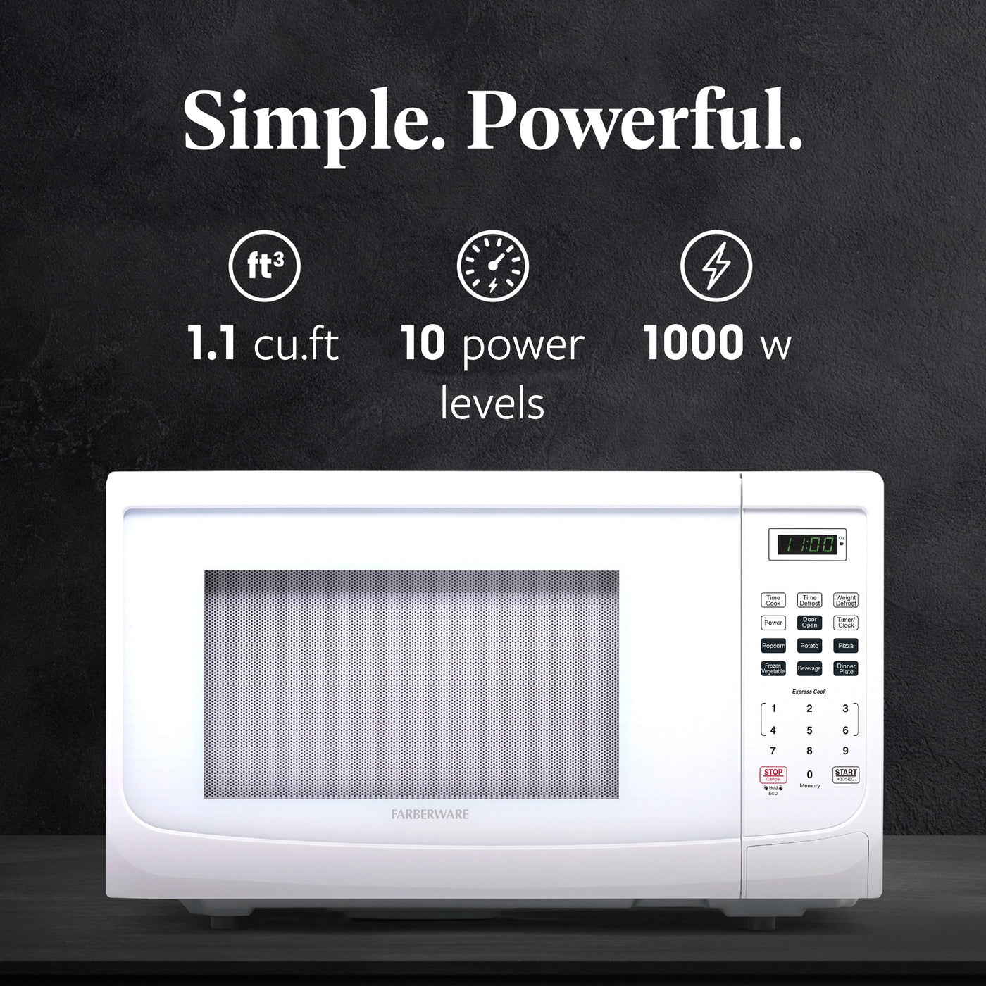 Farberware 1000-Watt 1.1 Cu. Ft. Countertop Microwave Oven With LED Lighting and Child Lock