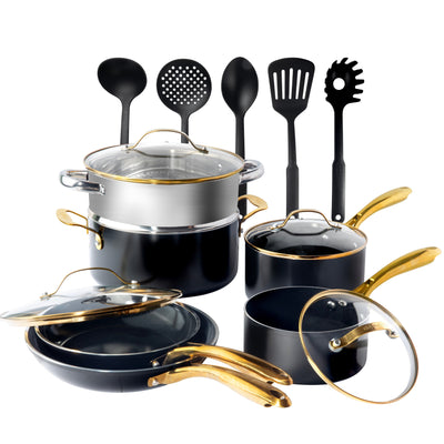 Gotham Steel Black Pots and Pans 15 Piece Ultra Nonstick Ceramic Cookware Set with Utensils