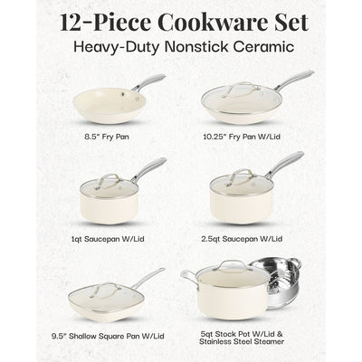 Gotham Steel Cream 12 Piece Pots and Pans Ultra Nonstick Ceramic Cookware Set with Stay Cool Handles