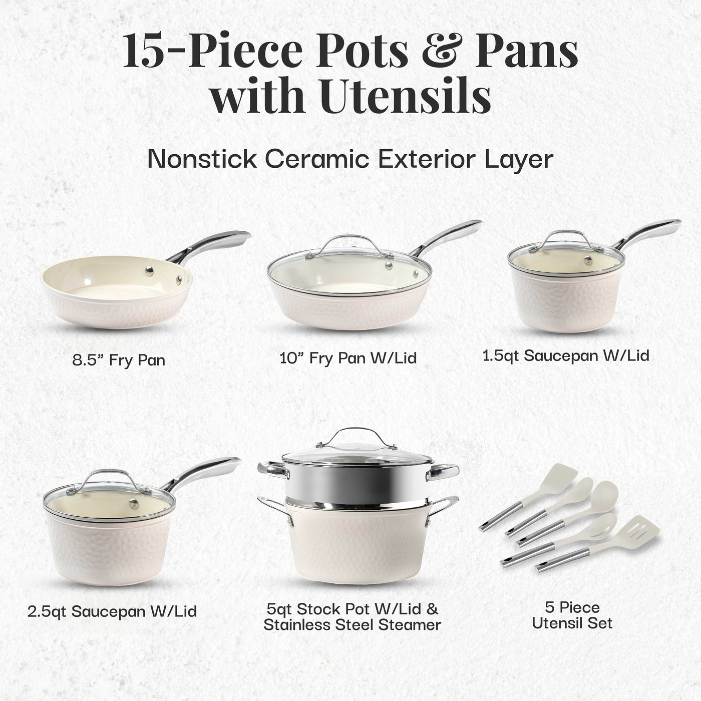 Gotham Steel Hammered Cream 15 Piece Pots and Pans Ultra Ceramic Nonstick Cookware Set with Utensils