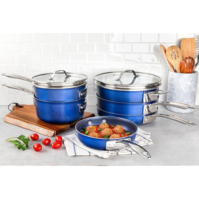 Granitestone Blue 15 Piece Stackmaster Nonstick Cookware Set with Glass Lids
