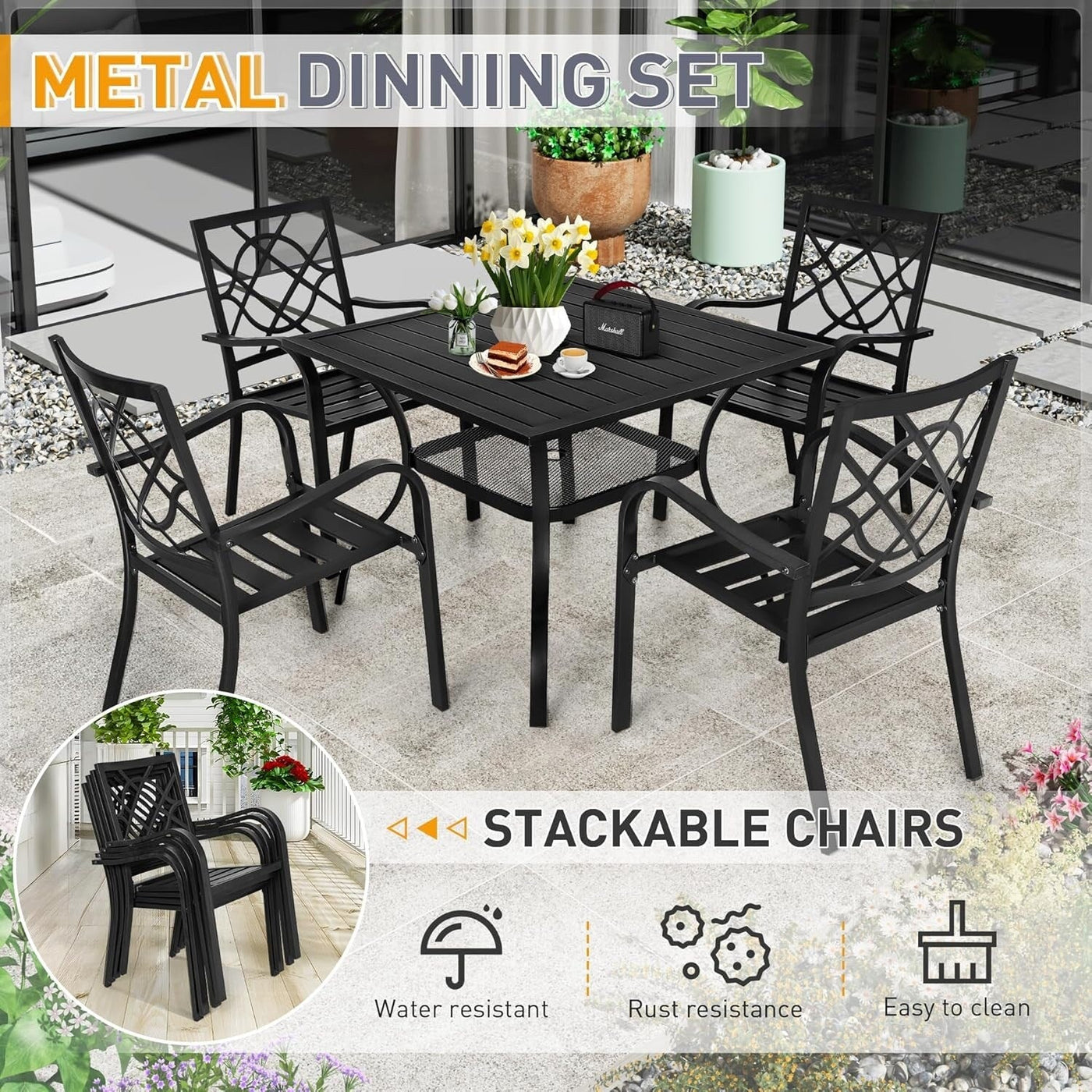 SUNCROWN Outdoor Patio 5/7 Piece Steel Dining Sets Metal Slatted Table and Stackable Chairs Powder Coated Frame