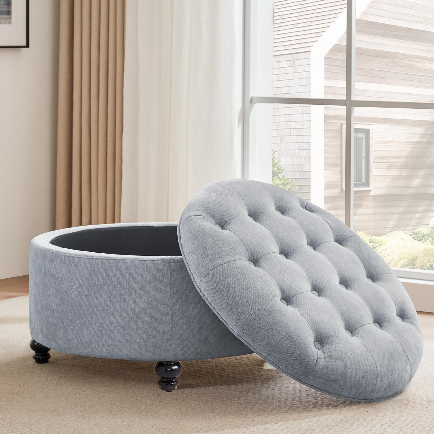 Tufted Large Round Storage Ottoman Footrest Beige/ Grey/ Blue