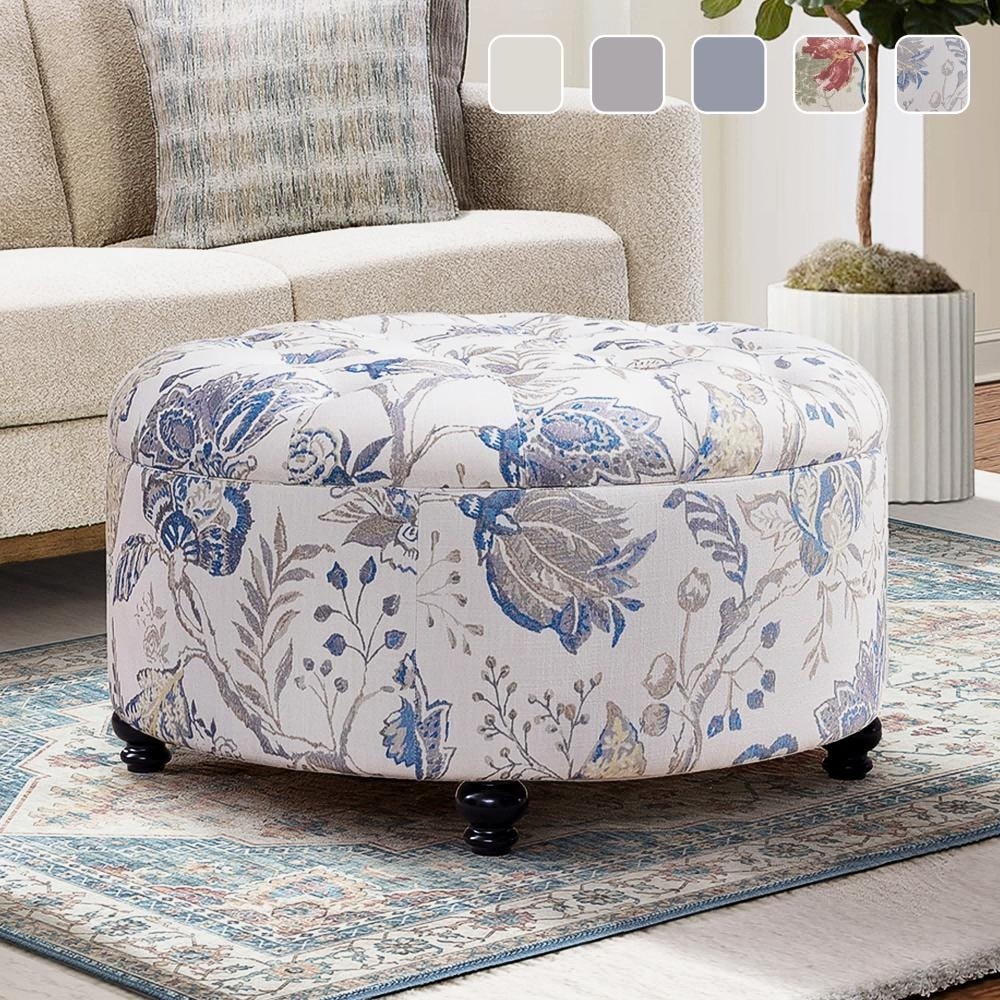 Tufted Large Round Storage Ottoman Footrest Beige/ Grey/ Blue