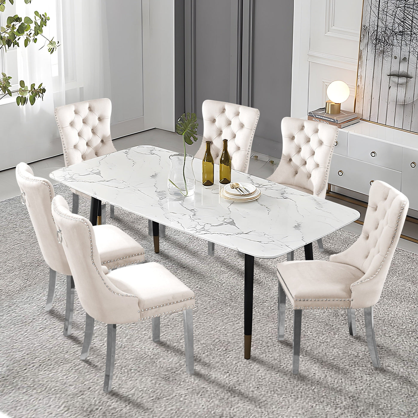 Upholstered Tufted Velvet Dining Chair with Solid Wood Legs Set of 6